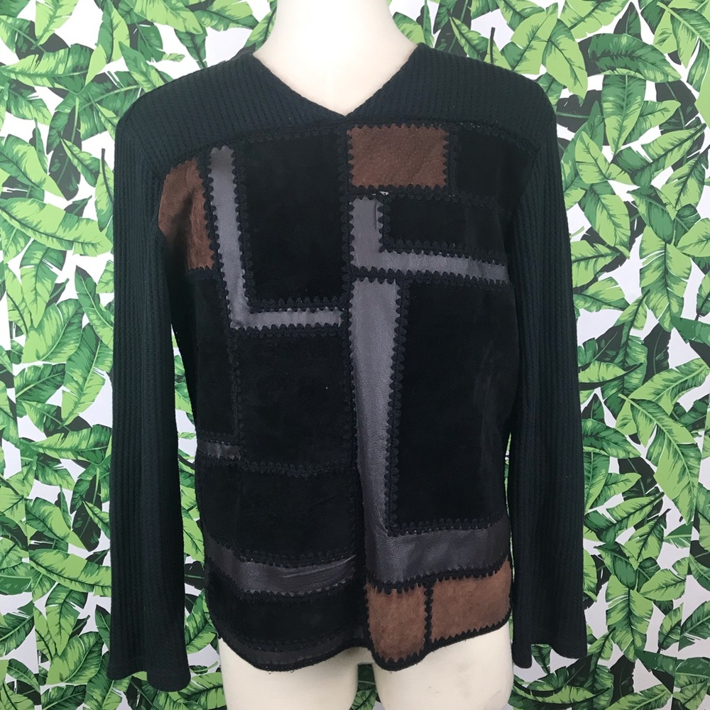 Custo Barcelona Black Brown Leather Patch Sweater
